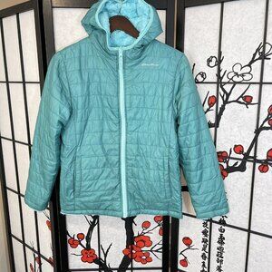 Eddie Bauer Jacket Girls Large (14) Blue Puffer Faux Fur Lined Reversible